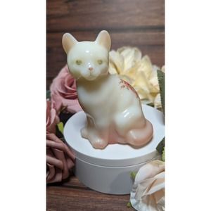 Fenton White Iridized Sitting Cat Pink Flowers Signed